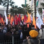 Hundreds of Palestinians in the occupied West Bank city of Ramallah rally in solidarity with the Gaza Freedom March on New Year's Eve Day