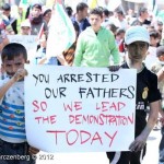 Palestinian children from the village Kufr Qadum, whose fathers were detained by Israeli soldiers, carry on the protest: "You Arrested Our Fathers, So We Lead the Demonstration Today"