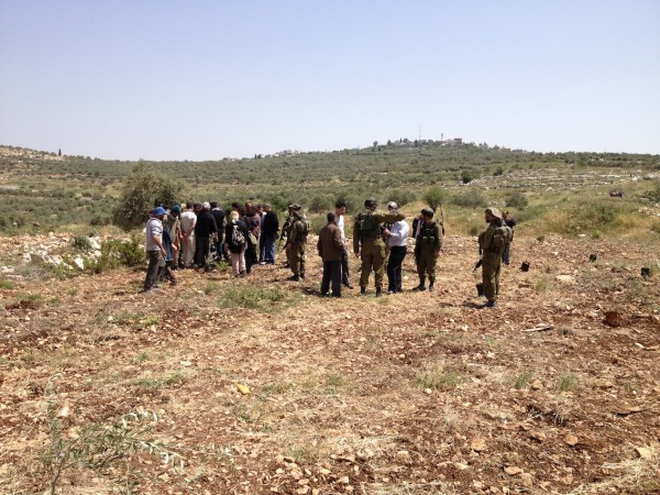 Israeli soldiers preventing villagers from plating olive trees on their lands (Photo ISM)