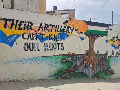 A mural painted outside one of the schools in the camp