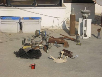 A selection of the weaponry fired on Gaza over the years collected by Al Mezan Centre for Human Rights, Photo taken by Corporate Watch – November 2013
