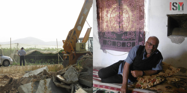 (Left) The settlement of Masu'a's fences right next to the brothers demolished houses. (Right) Meteyb Lahafe Dadoub's family have faced repeated harassment from the Israeli army.