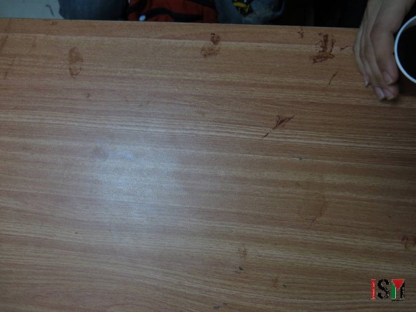 This desk shows blood stains of an injured student who needed urgent first aid treatment on site, while the hospitals was too crowded to receive more injured students.