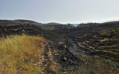 The charred landscape runs between the two villages serving as a cruel reminder of their neighbour's intentions (photo: ISM)