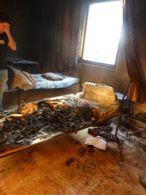 Remains of bed in student room, burnt by teargas canisters (Photo by ISM)