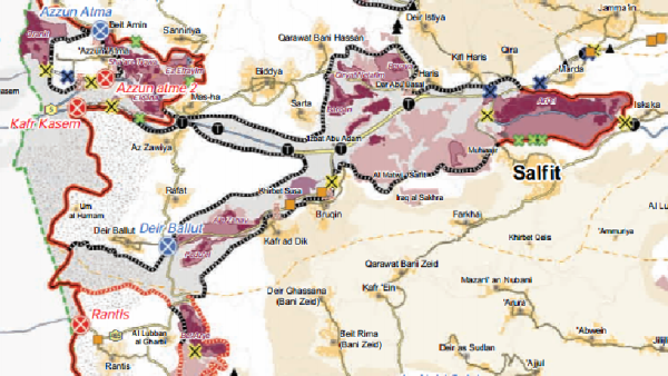 Deir Ballut (to the left of the map) is in risk of being surrounded by the annexation wall. The red line is the wall today while the black marks the planned route (source: OCHA).