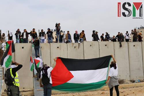 ISM volunteers raising Palestinian flag in front of the Apartheid wall.