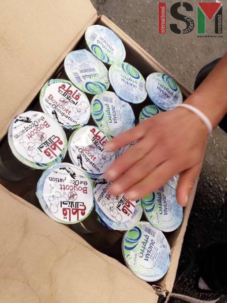 Palestinian produced drinking water with stickers reminding of boycott-movement