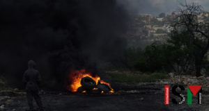 fire of tires burning, black smoke, settlement in the background