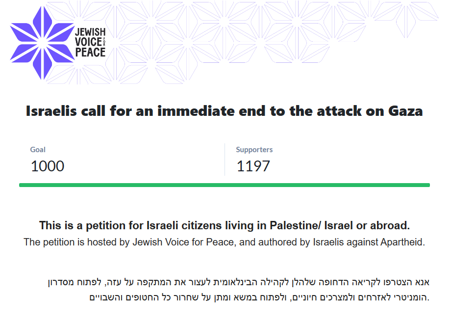 For Immediate Release: Over a 1000 Israelis Call to Stop the Genocide in Gaza