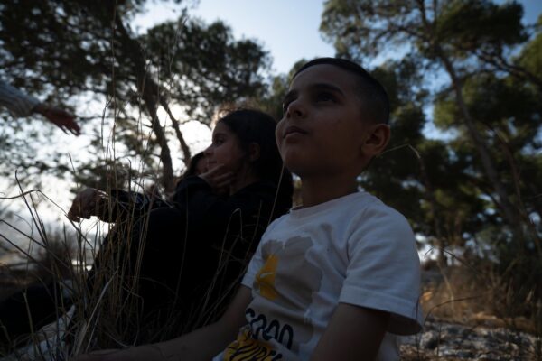 Three young Palestinian children are sat amidst some trees in the sun.